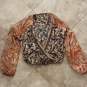 Free People Black and Orange Patterned Blouse